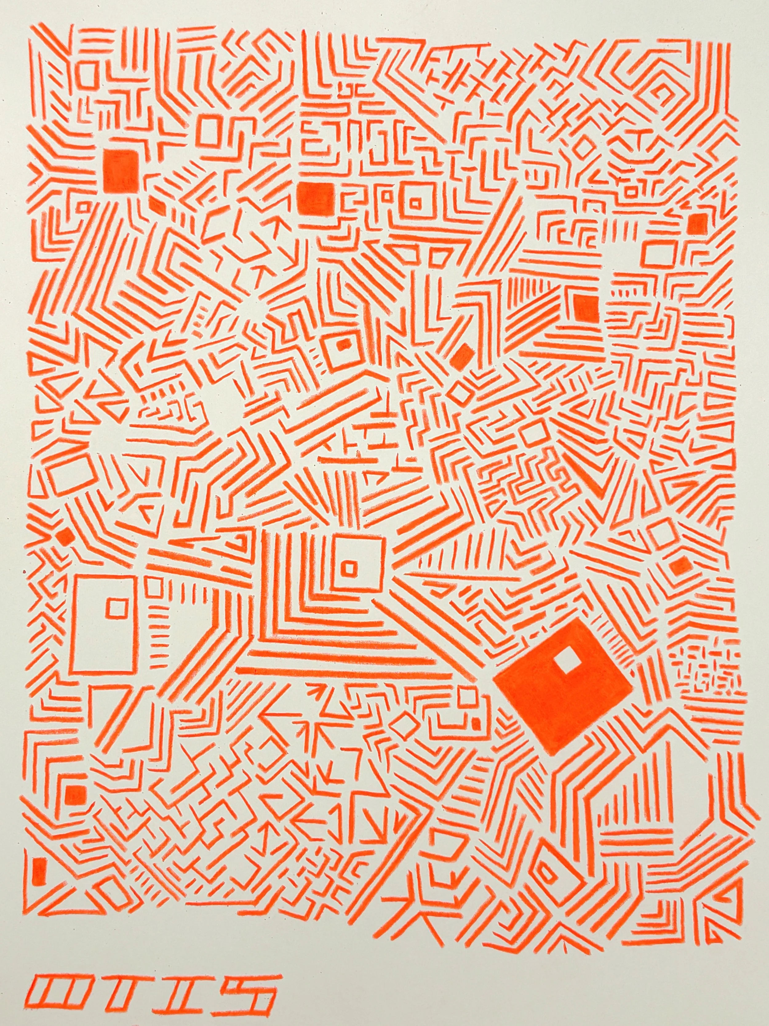 A complex maze drawn in red on a light background, featuring a variety of interconnected lines, paths, and geometric shapes. Hand drawn by Otis, the creator of Strict Abstract Linearism.