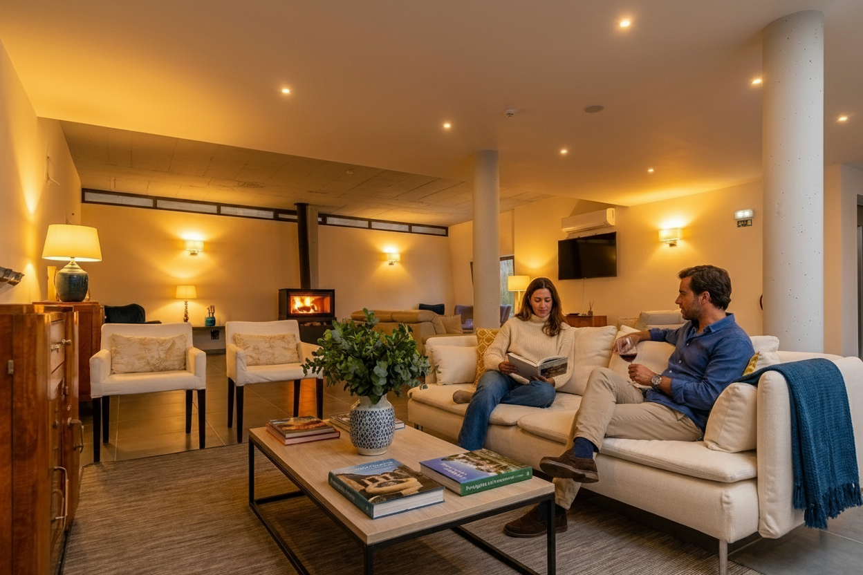 A cozy living room with two people sitting on a white sofa, one reading a book and the other holding a glass of wine. The room has warm lighting, a fireplace, and various decorative items.