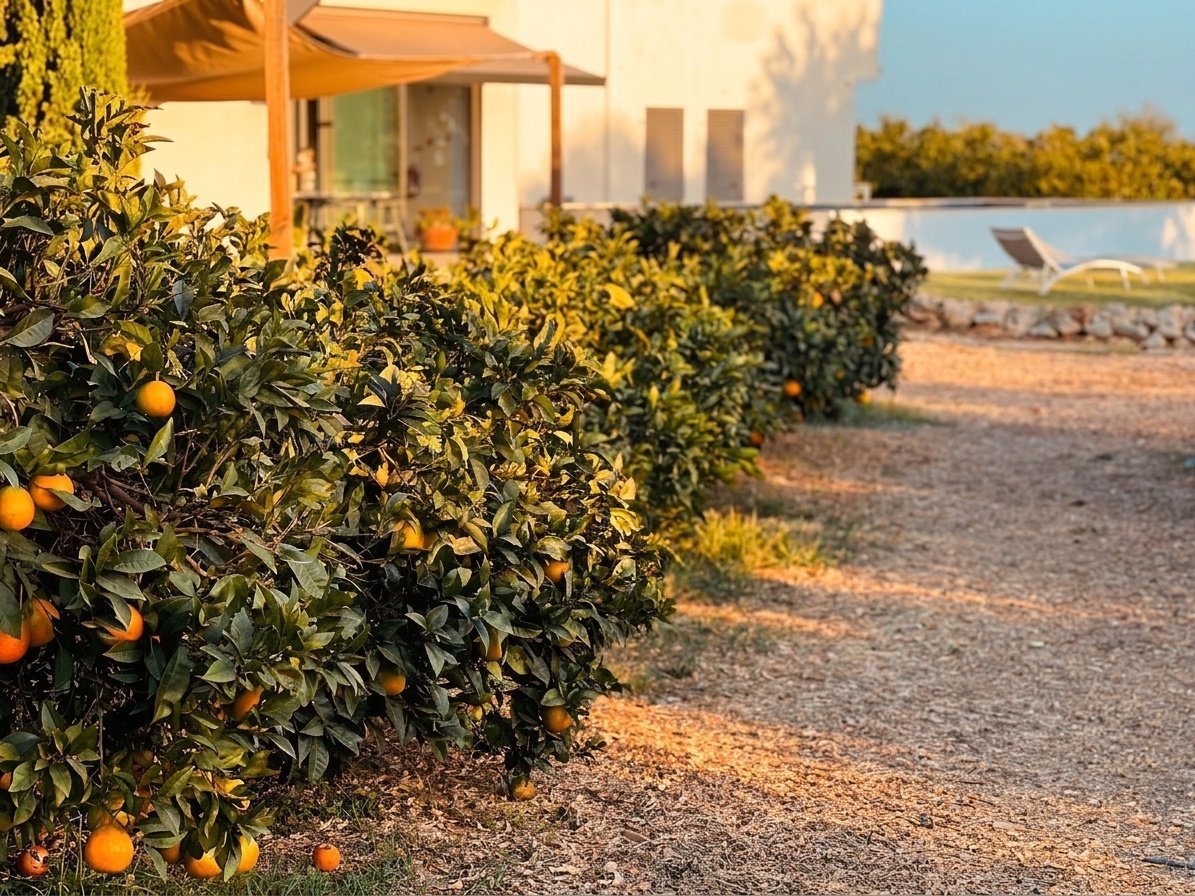 Orange fruit-bearing bushes along a gravel pathway outside a white building with a patio and lounge chair in the background.