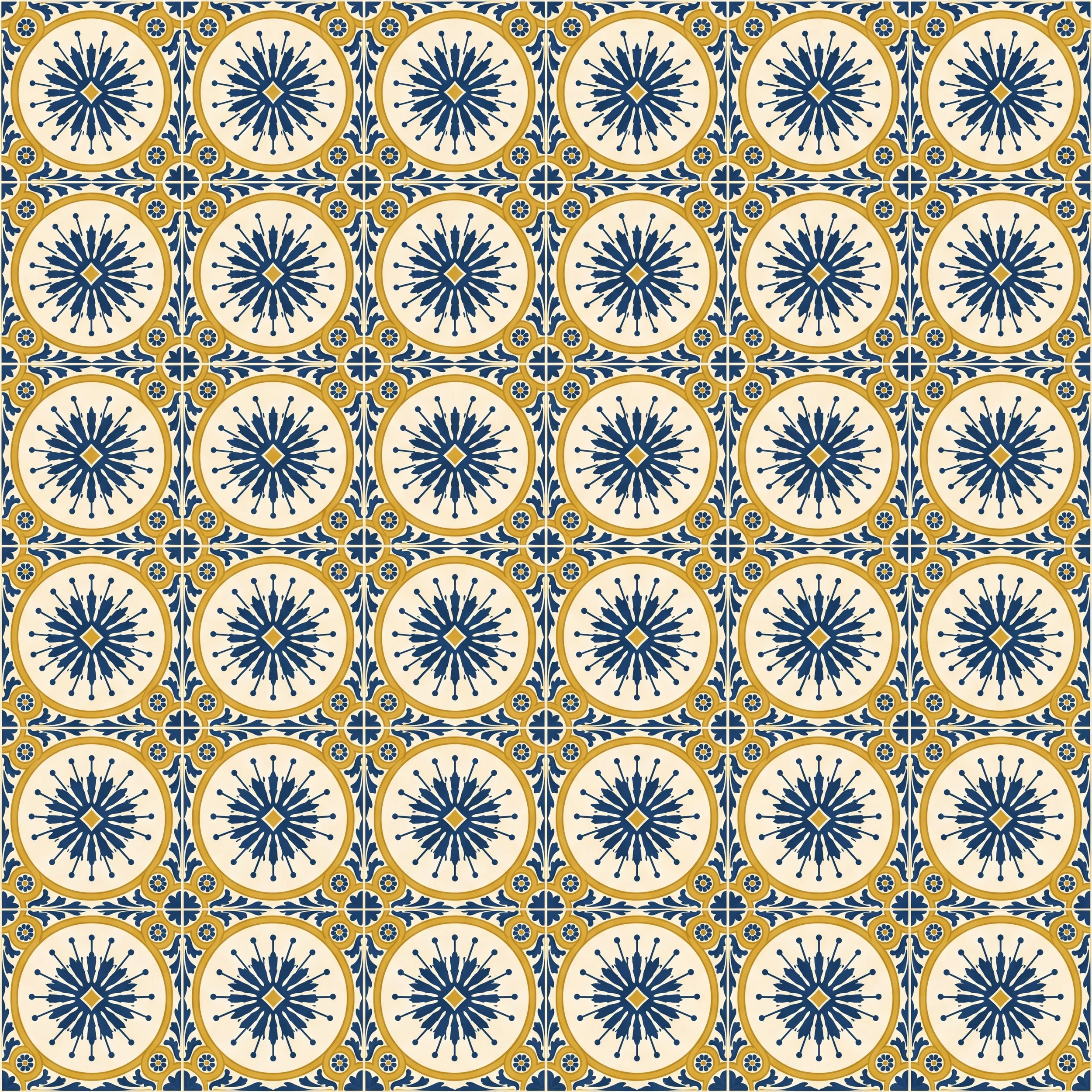 Colorful ceramic tiles with a blue and gold pattern, featuring circular designs with starburst motifs and decorative floral elements.