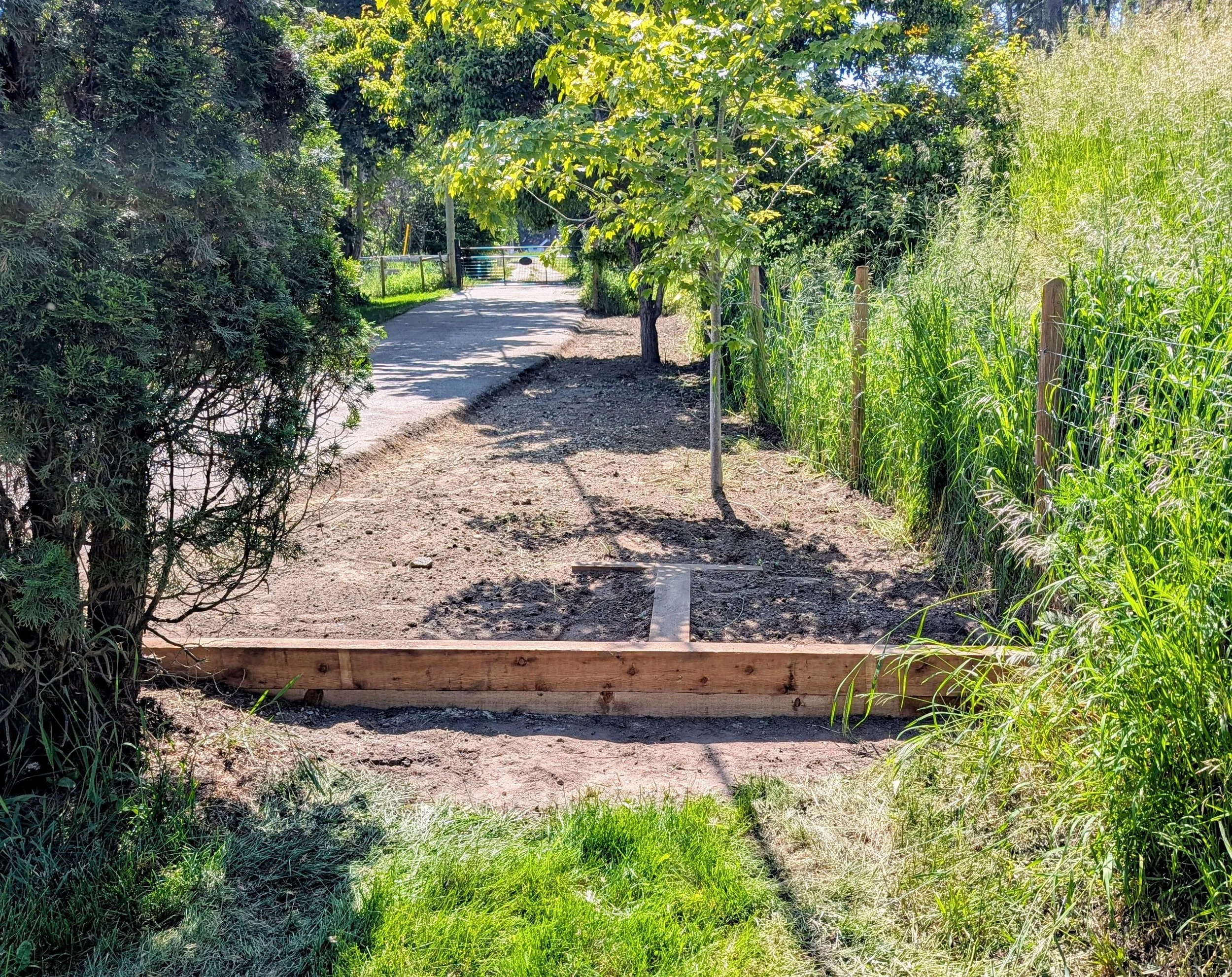 A small dirt pathway in a park under construction, with a wooden barrier across it and trees and tall grass on either side.
