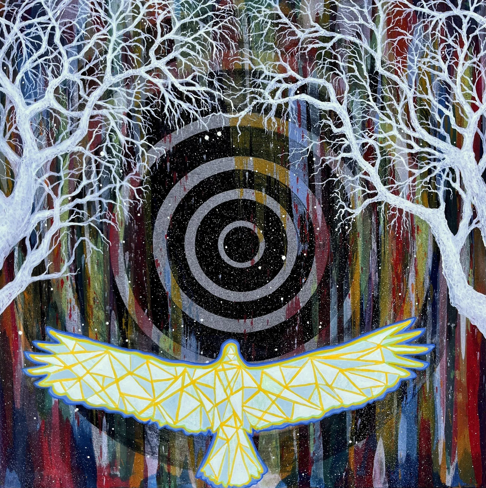 An abstract painting featuring a white eagle with outstretched wings at the bottom, two leafless white trees with sprawling branches on either side, a black target with concentric circles in the center, and a colorful vertical background with drips of red, purple, brown, and yellow paint.