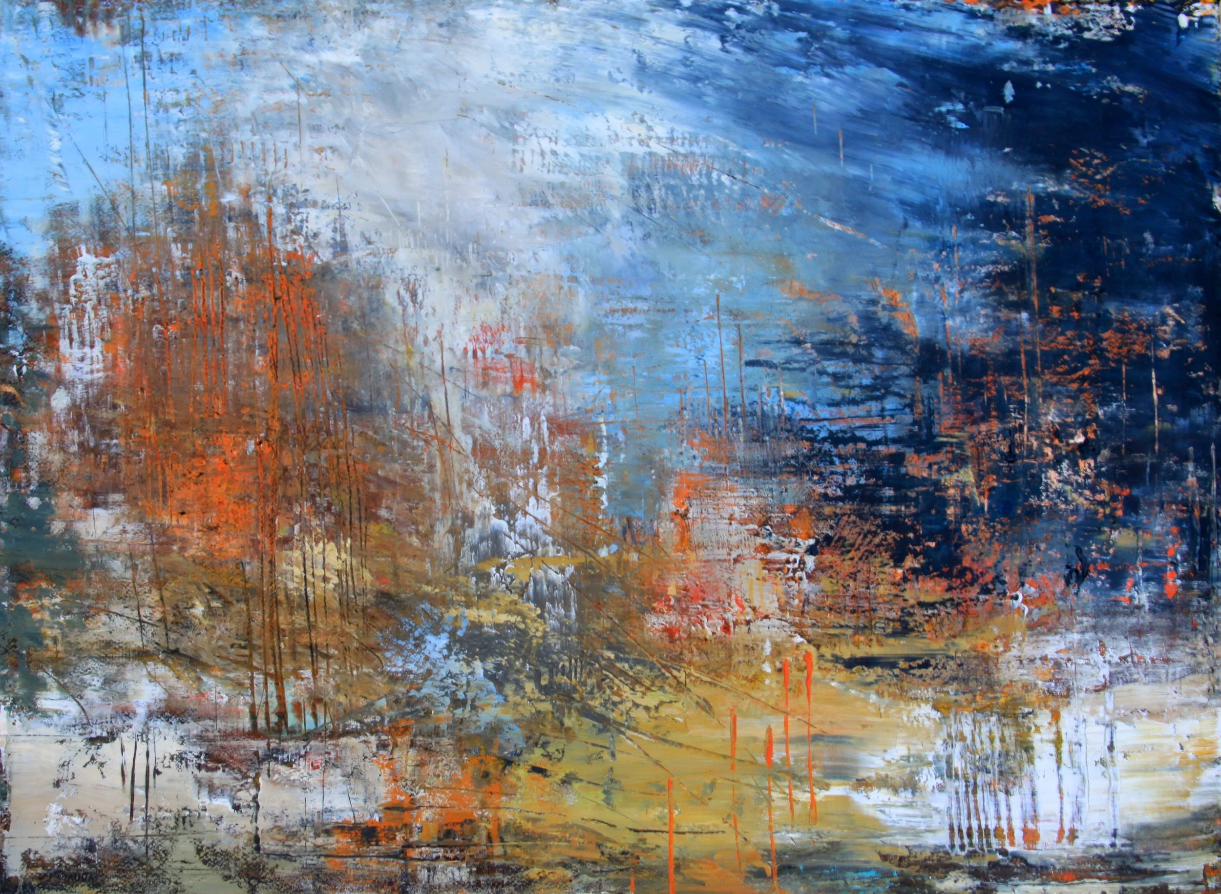 Abstract landscape painting with trees in fall colors near a body of water, using bold brushstrokes in shades of orange, blue, and beige.