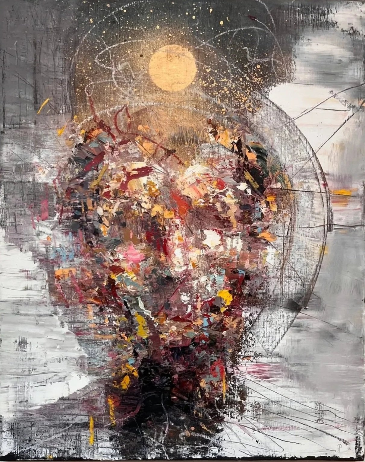 Abstract painting of a human face with a halo-like circle around the head, featuring a yellow sun or moon in the background, using various brushstrokes and splashes of color.
