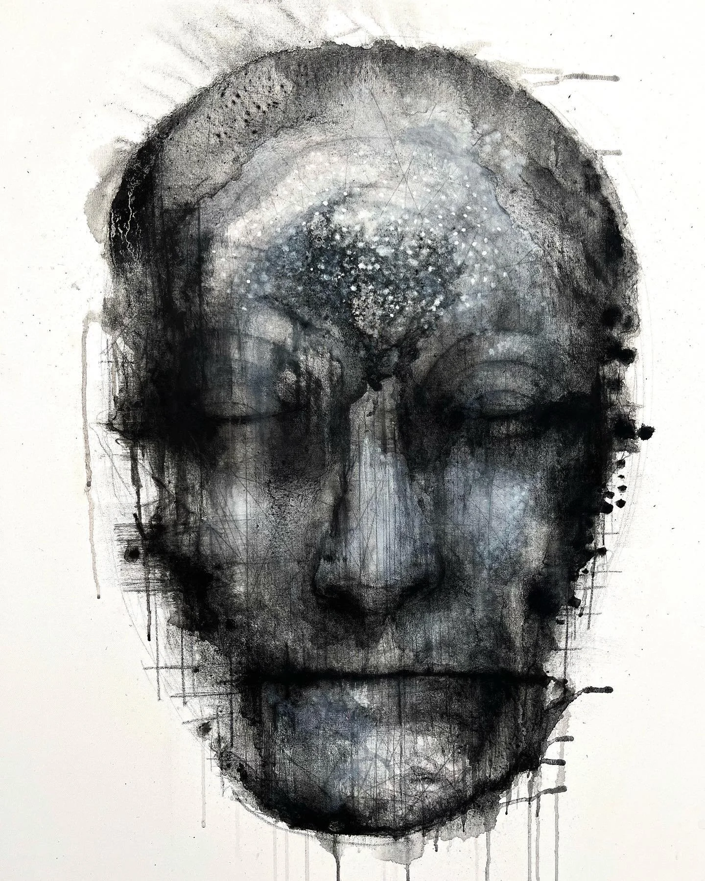 Black and white abstract portrait of a human face with closed eyes and a textured forehead, created with watercolor and ink splatters, with drips and paint splashes.