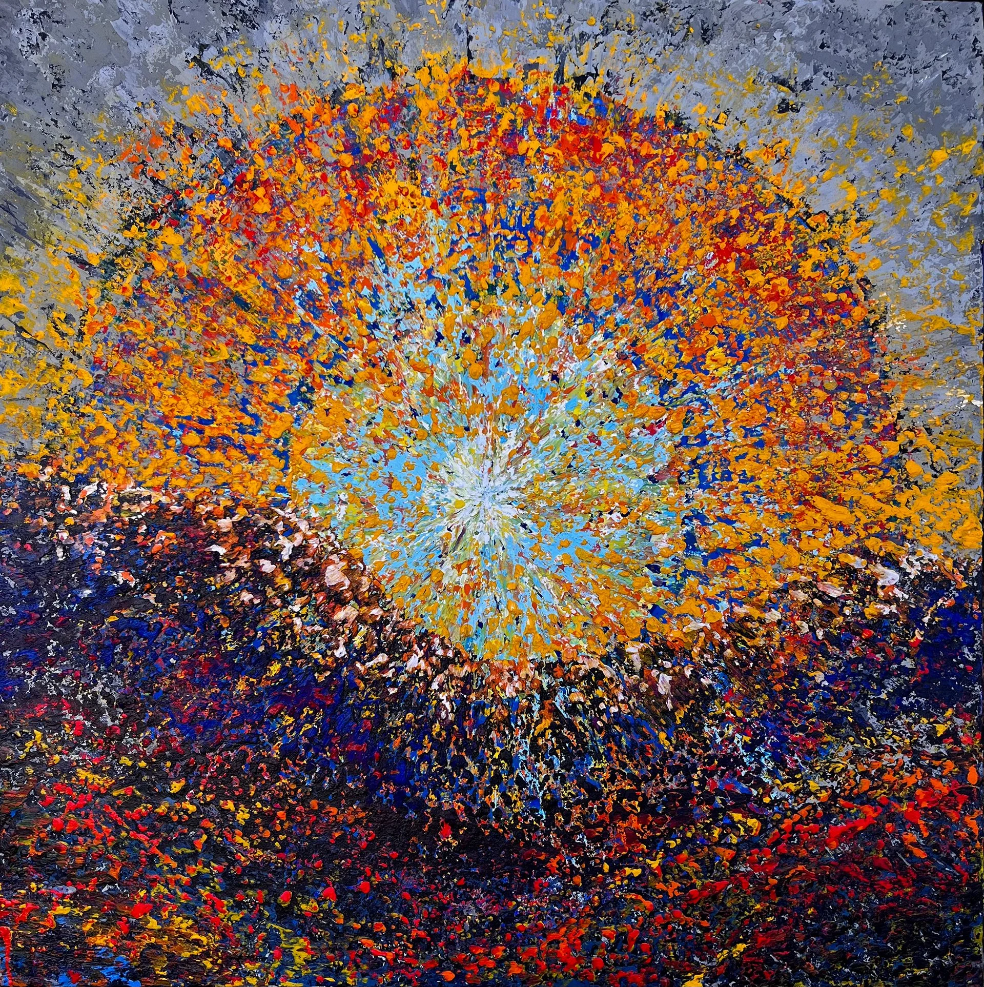 Technicolor Sunrise	- 2023	Oil and Cold Wax    48x48.   Sold