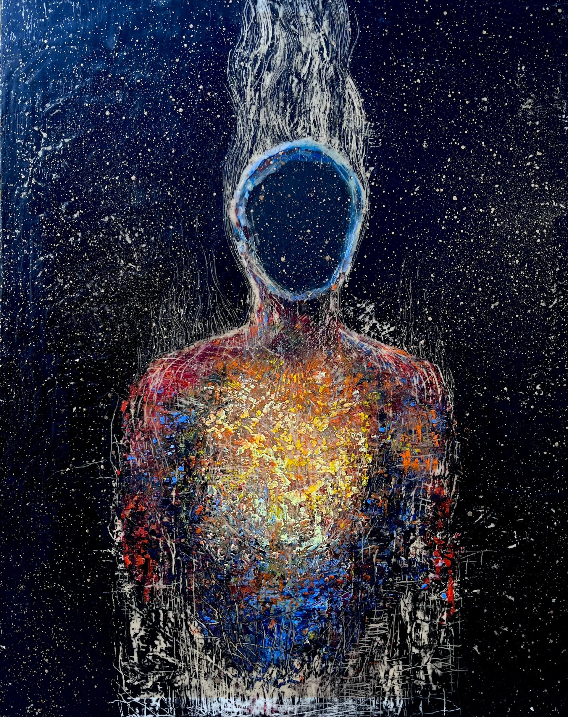 Shadow Walker	- 2024	Oil Stick, Beeswax, Spray Paint, Paper on Panel	22x30	For Sale