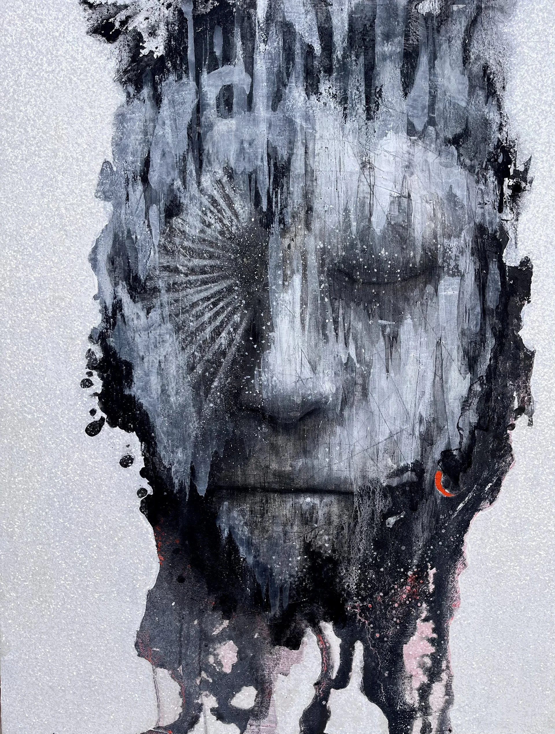 Static Bliss - 2024   Gesso, Charcoal, Graphite, Spray Paint and Diamond Dust on Canvas	30x40