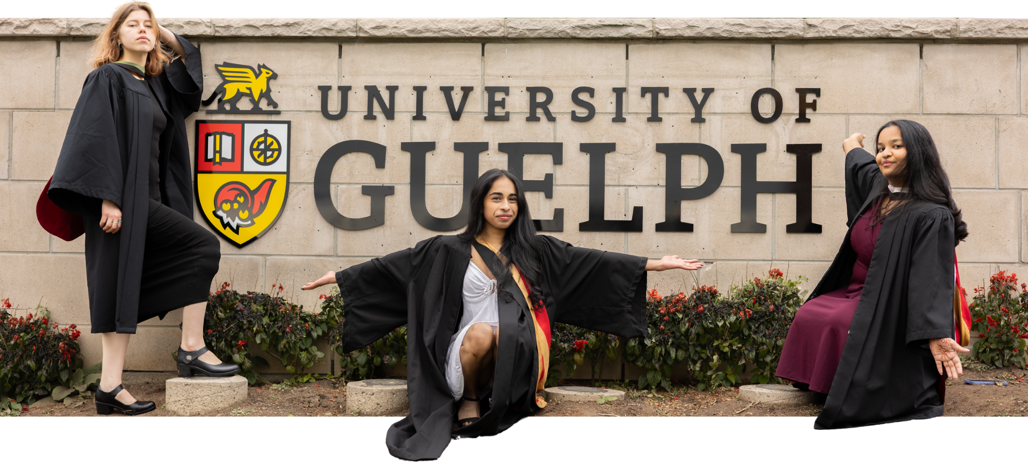 Three diverse women in graduation gowns pose in front of a stone wall with the University of Guelph sign and crest, celebrating their graduation.