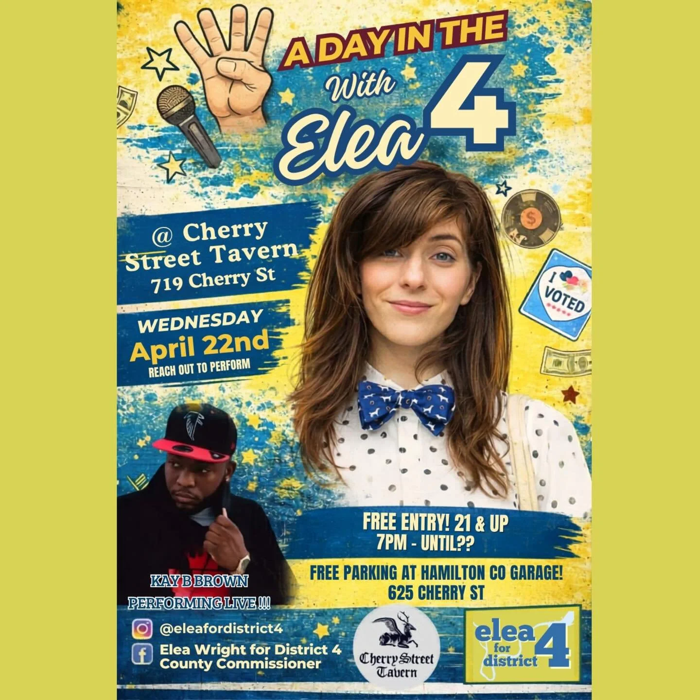 📣📣 CALLING ALL PERFORMERS!!! 📣📣

Join us at Cherry Street Tavern on Wednesday, April 22nd from 7 pm until they kick us out for A Day in the 4 with Elea‼️ 

🎉 Bring your talent, bring your friends, bring your passion. 

🎤 Wanna perform? Reach ou