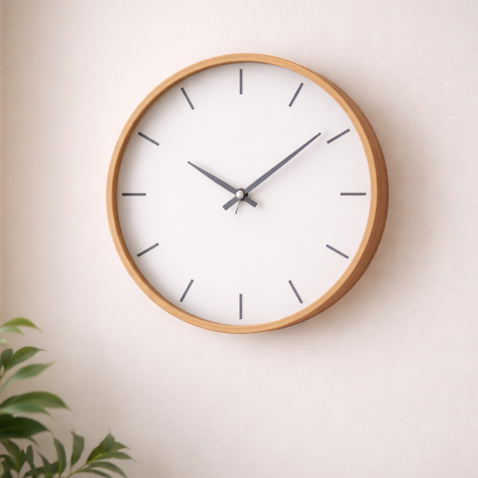 A round wall clock with a wooden frame mounted on a wall.