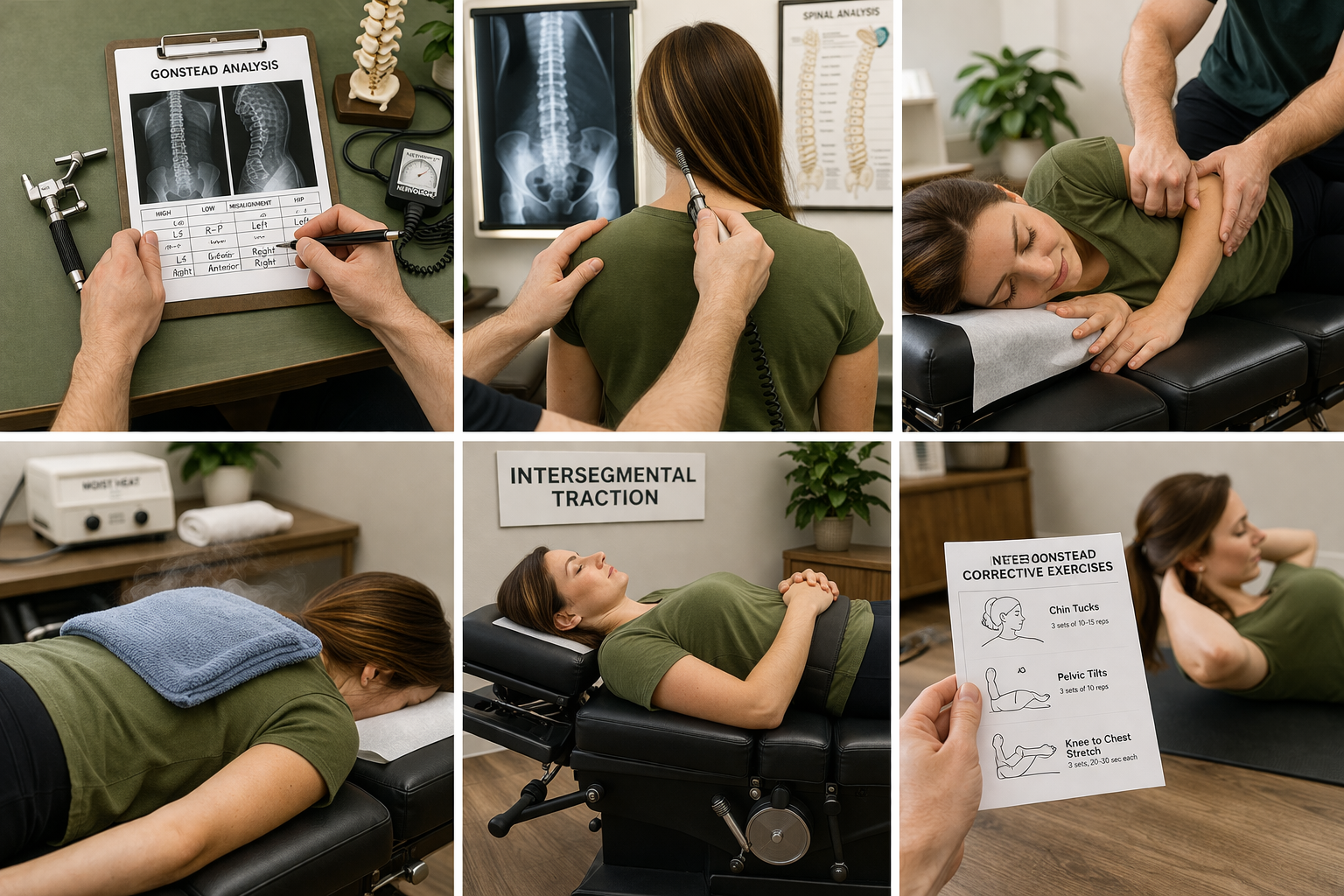 Healthcare professional reviewing spinal X-ray with patient, then performing physical examination, including shoulder test, leg traction, and stretching exercises, in a chiropractic or physical therapy setting focused on improving intersegmental traction and correcting posture issues.