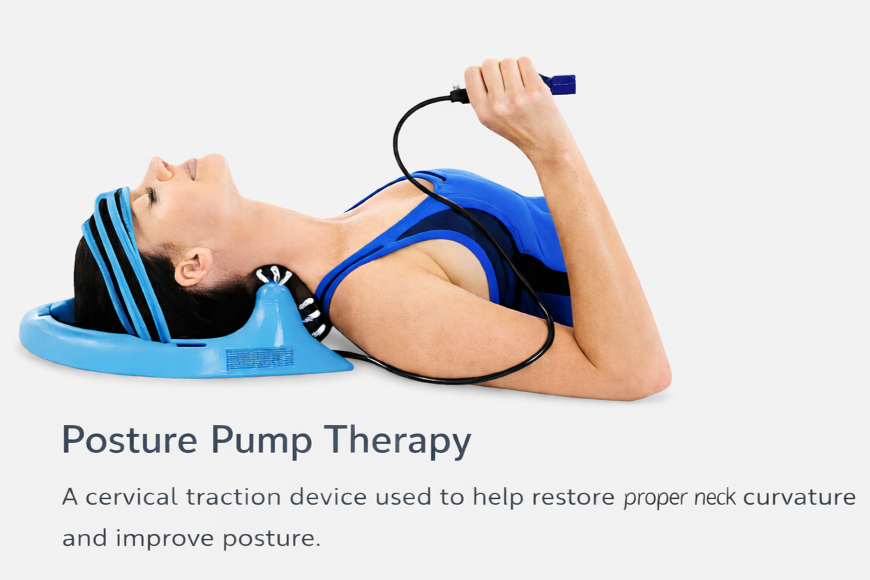 Woman lying on her back with a cervical traction device around her head, holding a control device, demonstrating posture pump therapy for neck alignment and posture improvement.  A process used in Gonstead chiropractic care.