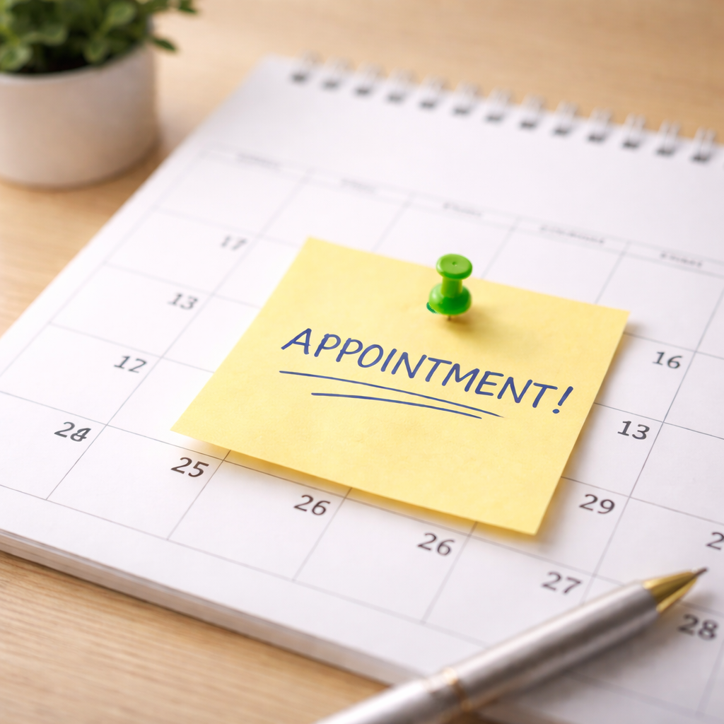 A calendar with a yellow sticky note that says 'APPOINTMENT!' attached with a green pushpin, and a silver pen on a wooden desk.