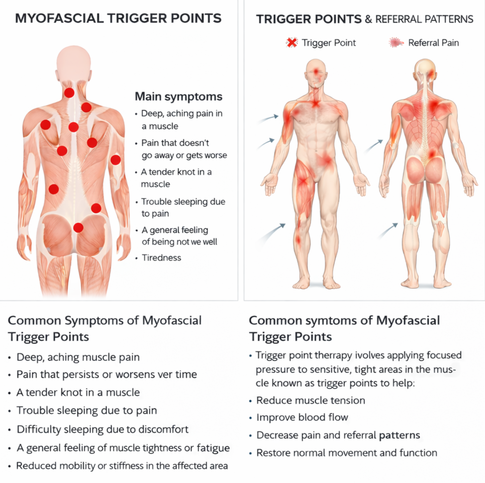 Diagram of myofascial trigger points and referral patterns showing painful areas on a male body with trigger points marked in red and referral pain areas indicated, along with symptoms and explanation of trigger point therapy.