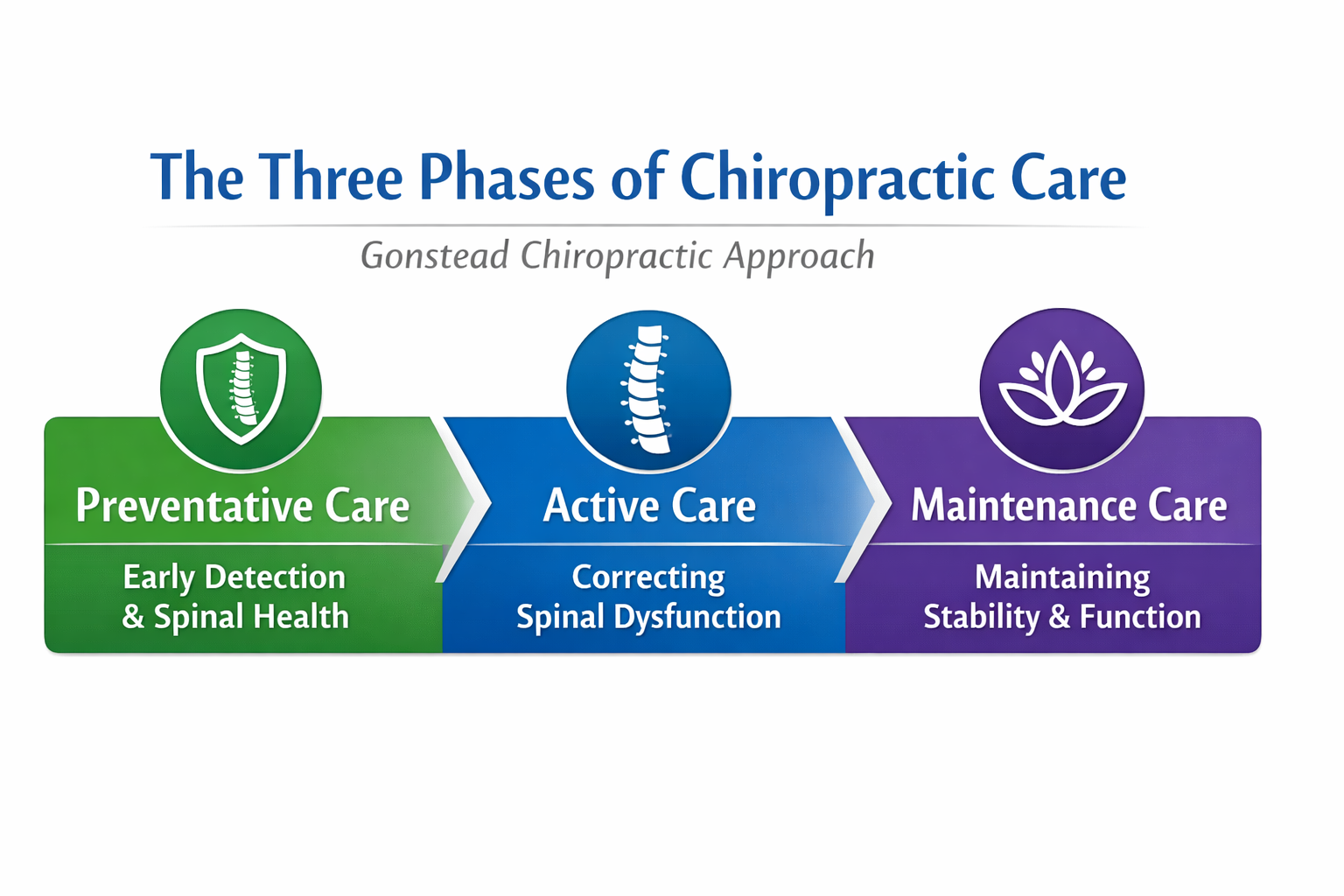 Digital infographic illustrating the three phases of chiropractic care: Preventative Care focusing on early detection and spinal health, Active Care aimed at correcting spinal dysfunction, and Maintenance Care for maintaining stability and function.