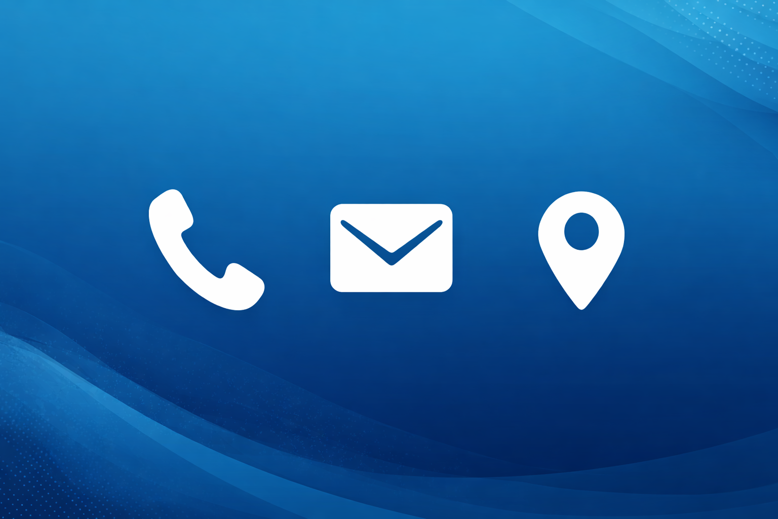 Icons of a phone, email, and map location pin for directions to Vitality Chiropractic and Wellness practice on a blue background.