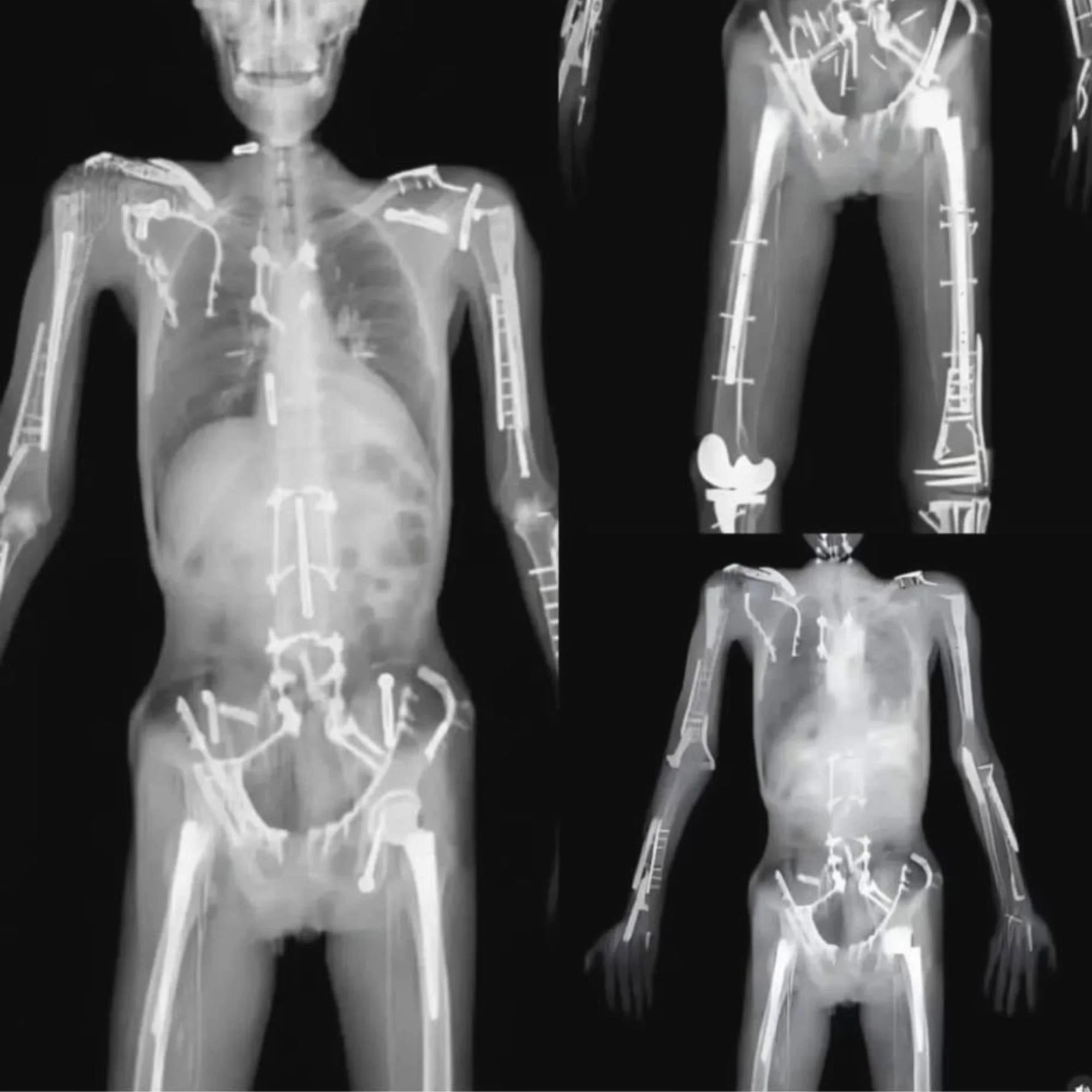 X-ray images showing the skeletal structure of three human bodies with pronounced medical implants and hardware, including metal rods, screws, and plates, in a black background.