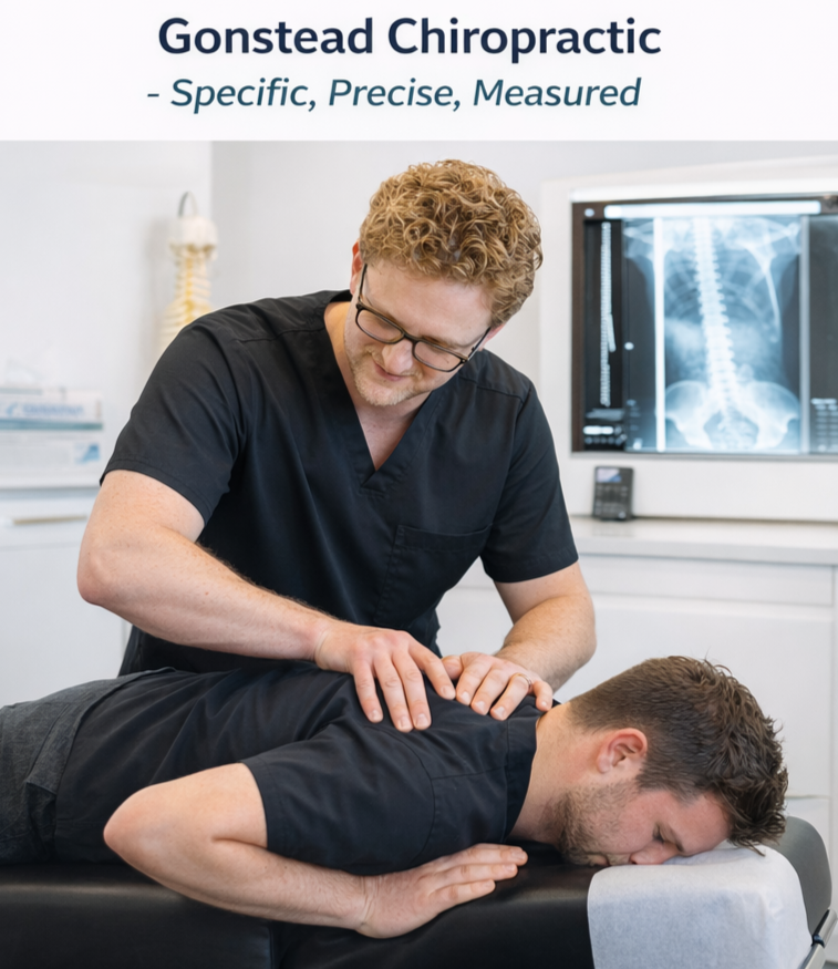 Chiropractor performing an adjustment on a male patient lying face down on an chiropractic table in a clinic, with chiropractic x-ray images visible in the background.