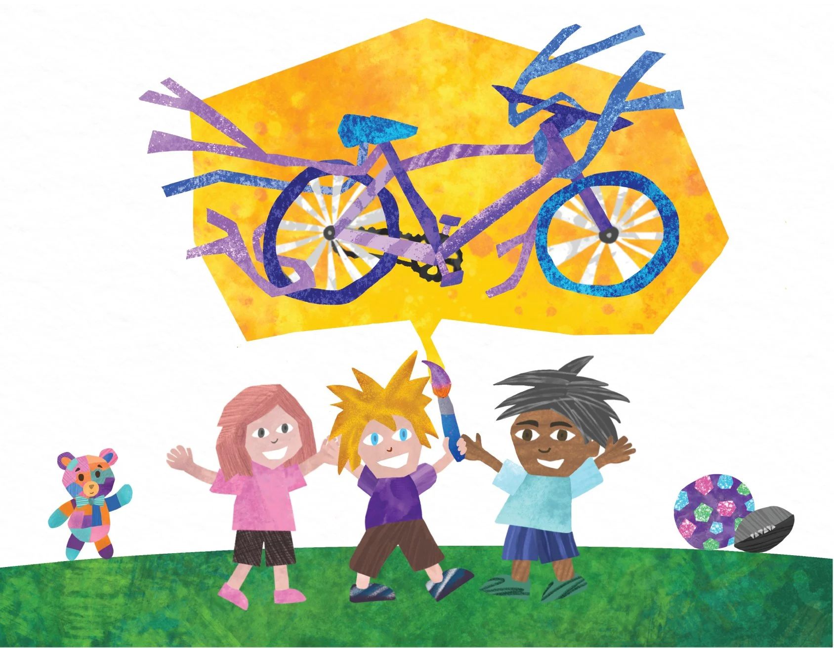 Ping! The bike burst with colors and ribbons.
It looked full of magic.
The friends jumped with excitement.