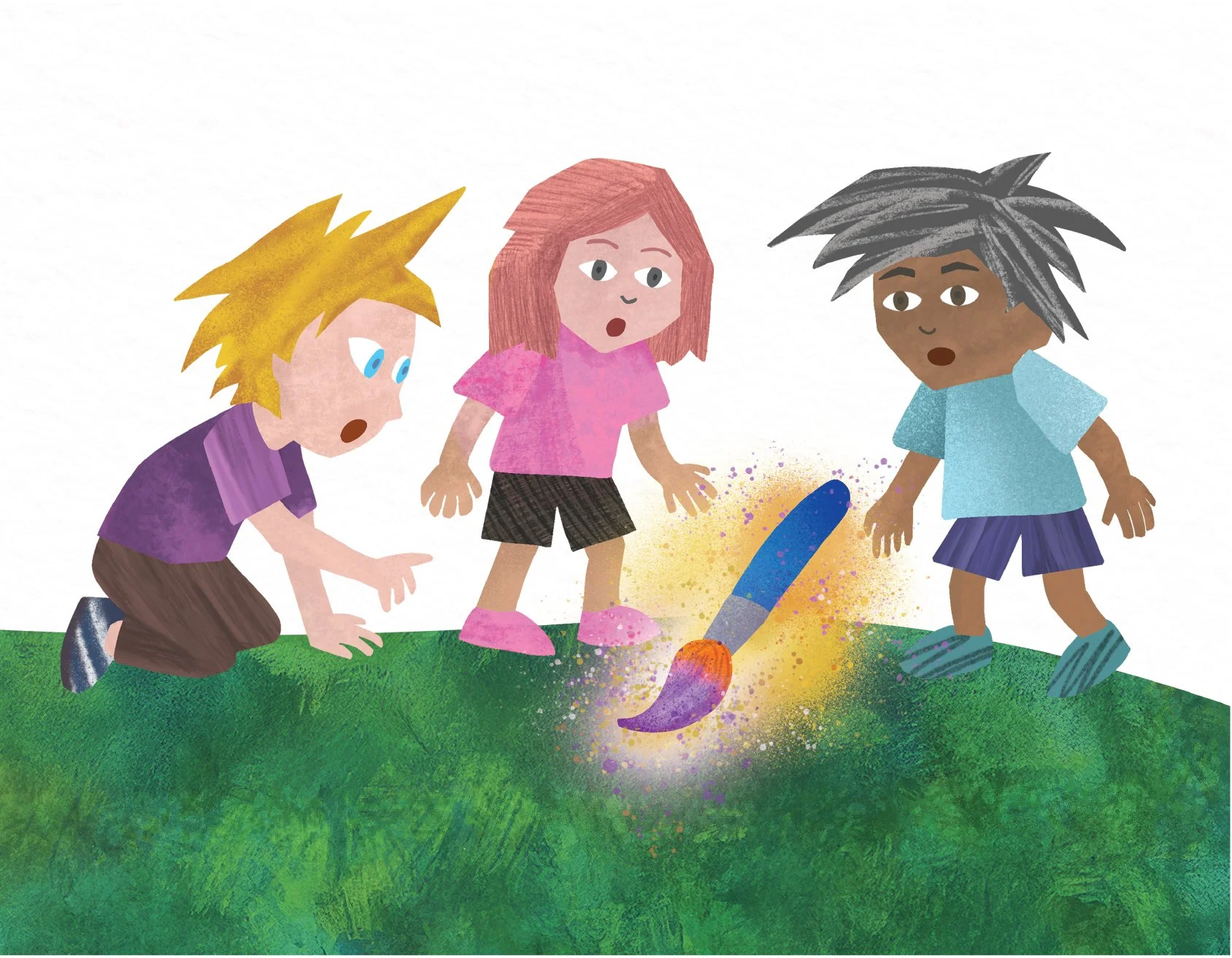 Then something shiny peeked out from the grass. The friends leaned closer… It was a paintbrush!
Glowing bright and full of color.