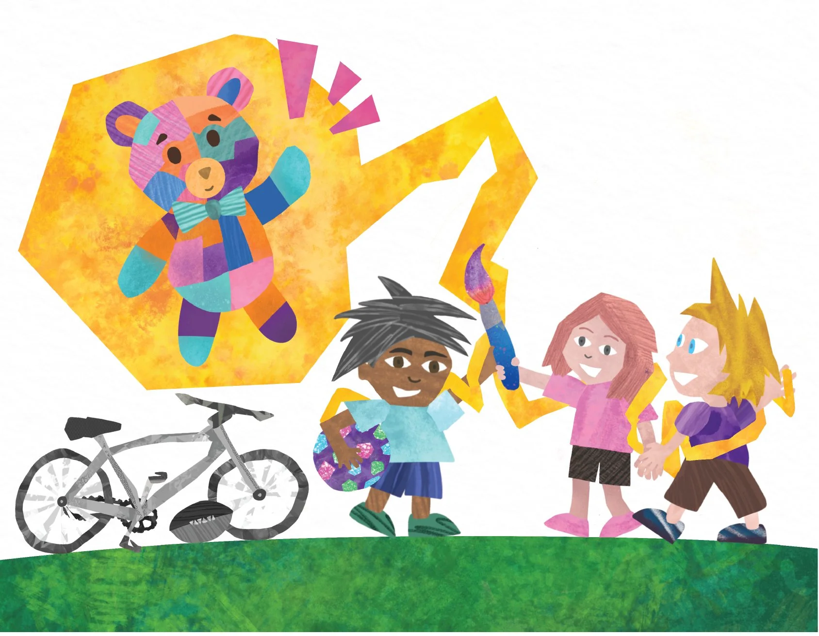 Zap! The teddy bear twirled and shimmered.
Now it even waved its little paw!
“Whoa!” the friends cheered.