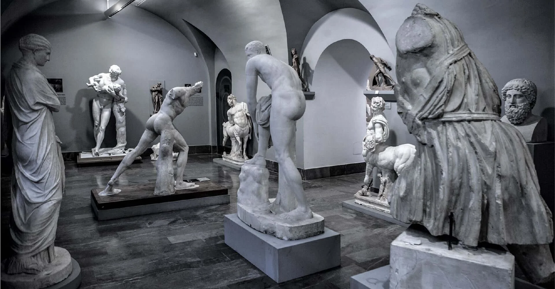 Esculturas de mármol en un museo, incluyendo figuras humanas y una figura montada en un caballo.