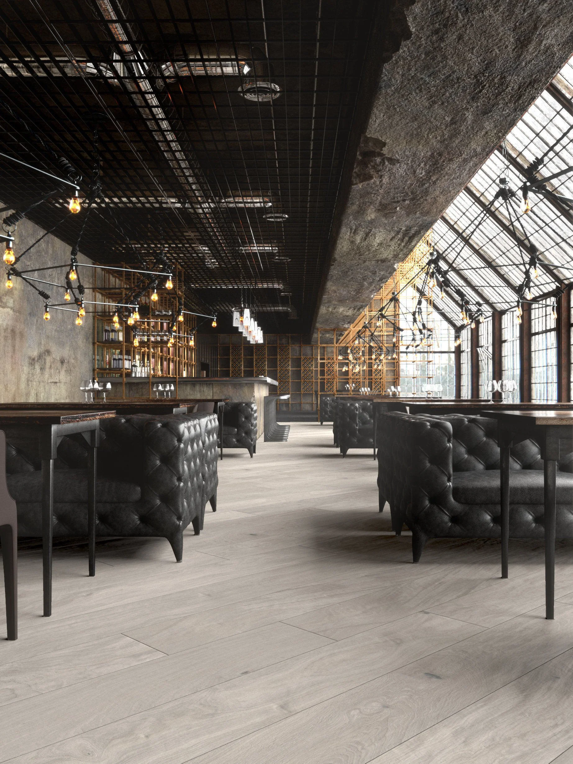 Restaurante con Espiga recta de madera de Roble.