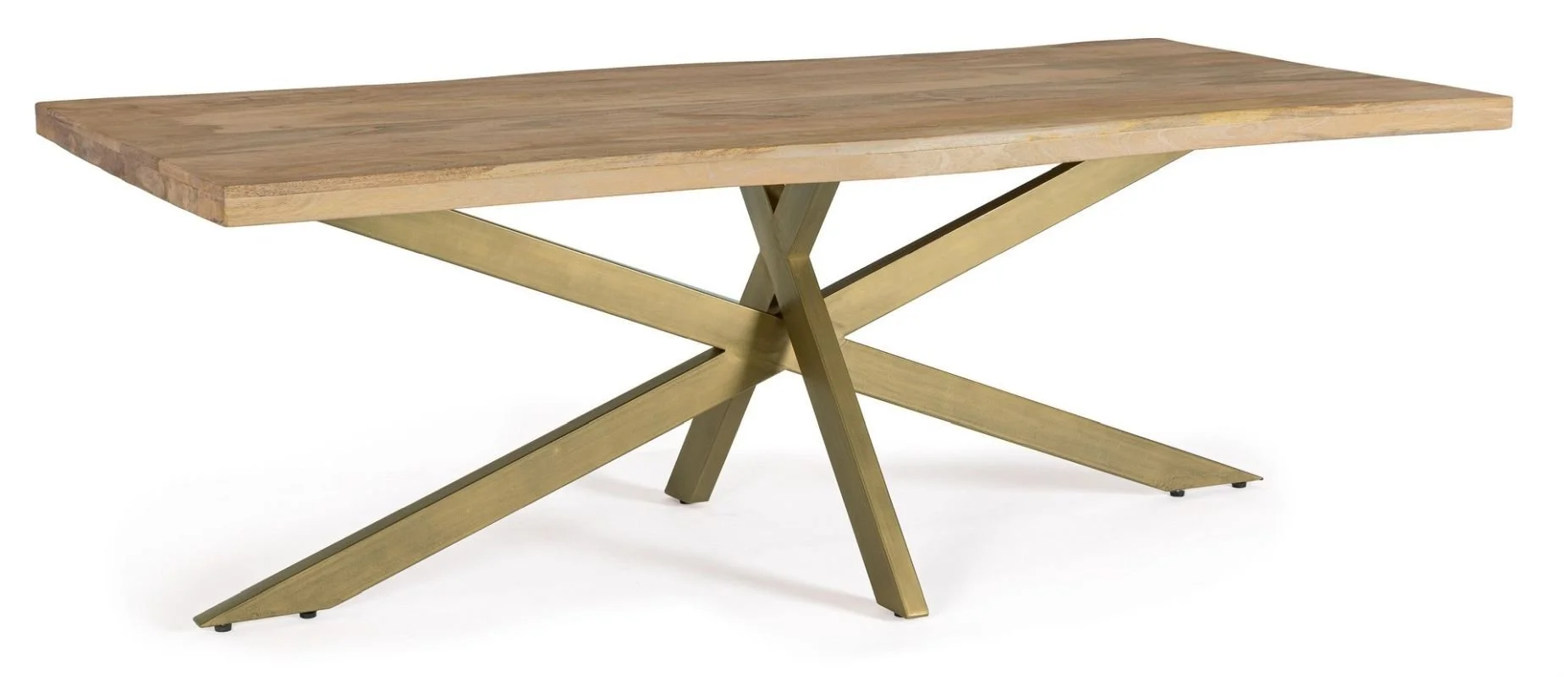 Mesa moderna con tapa de madera y base de estructura metálica dorada