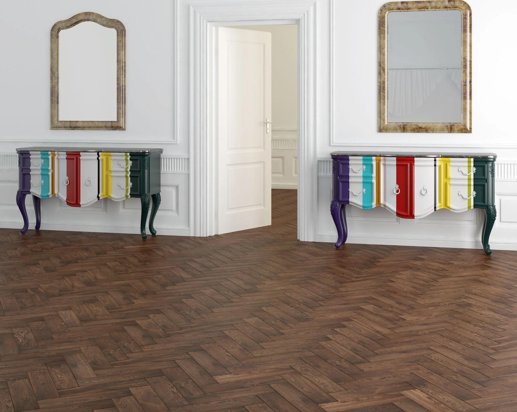 Dos cómodas decoradas con colores vibrantes en un ambiente clásico con paredes blancas y espejo.