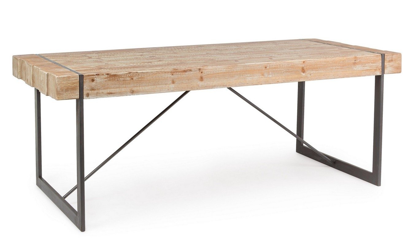 Mesa de madera con estructura de metal en forma rectangular.