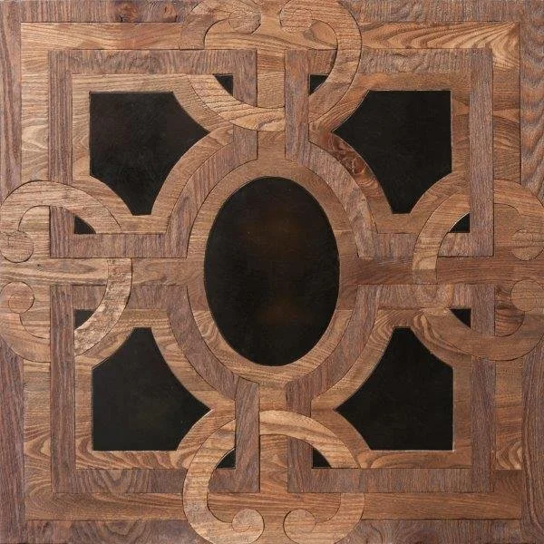 Diseño decorativo en madera con patrones entrelazados y espacios en forma de oval y cuadrados