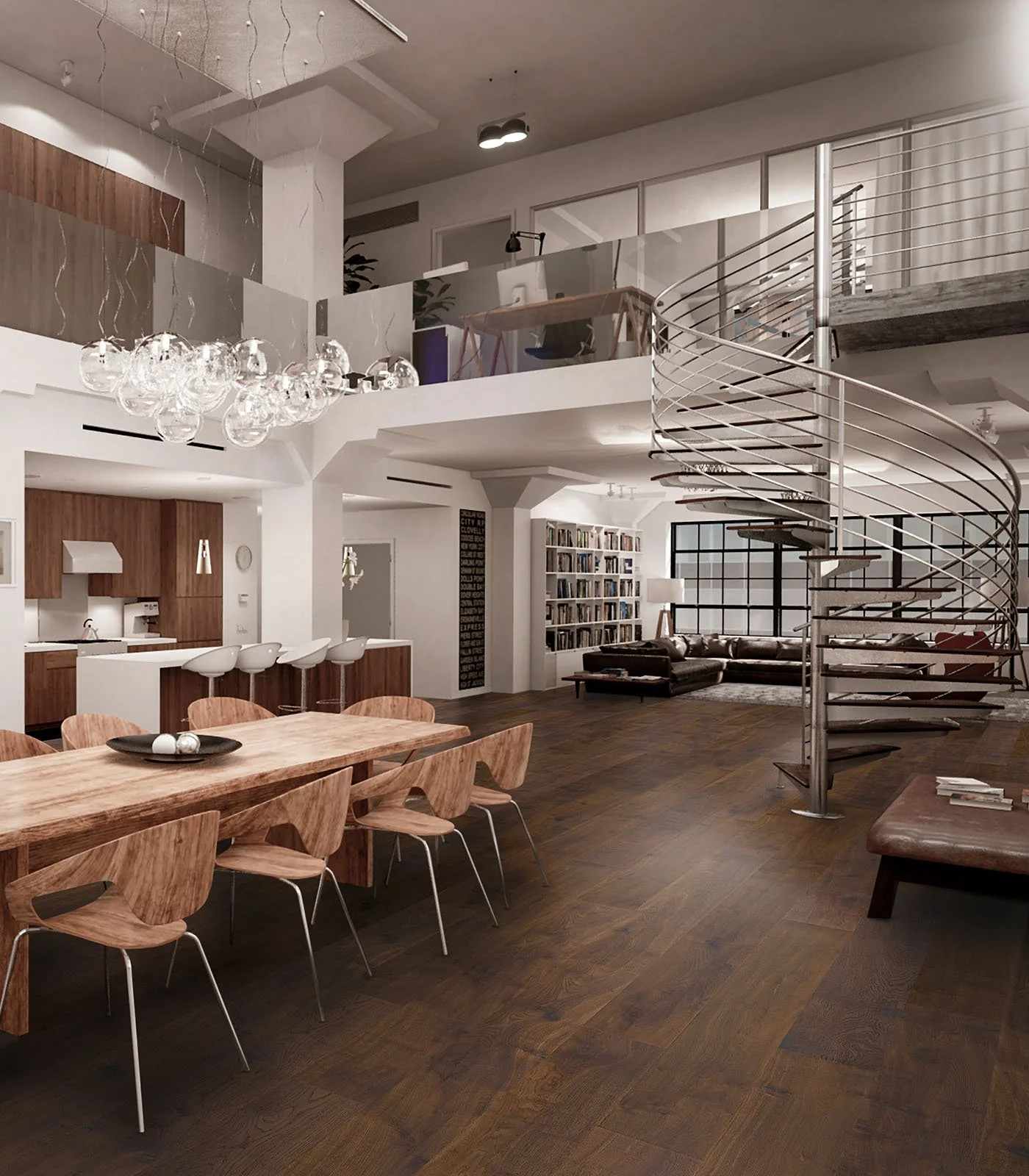 Interior moderno de una casa con comedor, sala de estar, escalera espiral de metal, estantería llena de libros, y una oficina en el segundo piso.