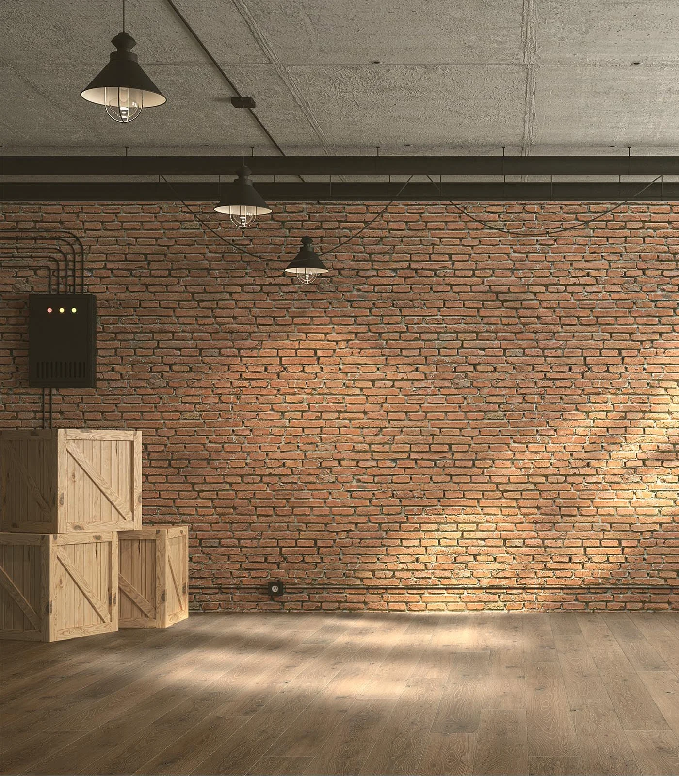 Pared de ladrillos con lámparas colgantes negras, cajas de madera en el rincón y suelo de madera