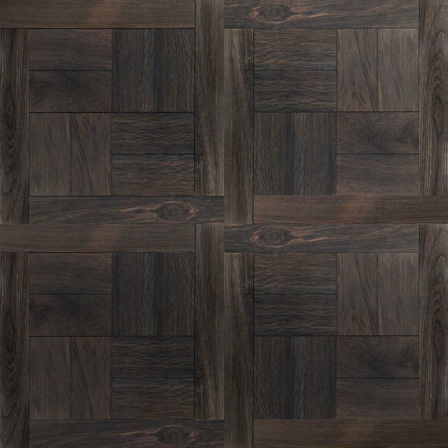 Piso de madera oscura con patrón de cuadros con vetas y nudos visiblemente naturales.