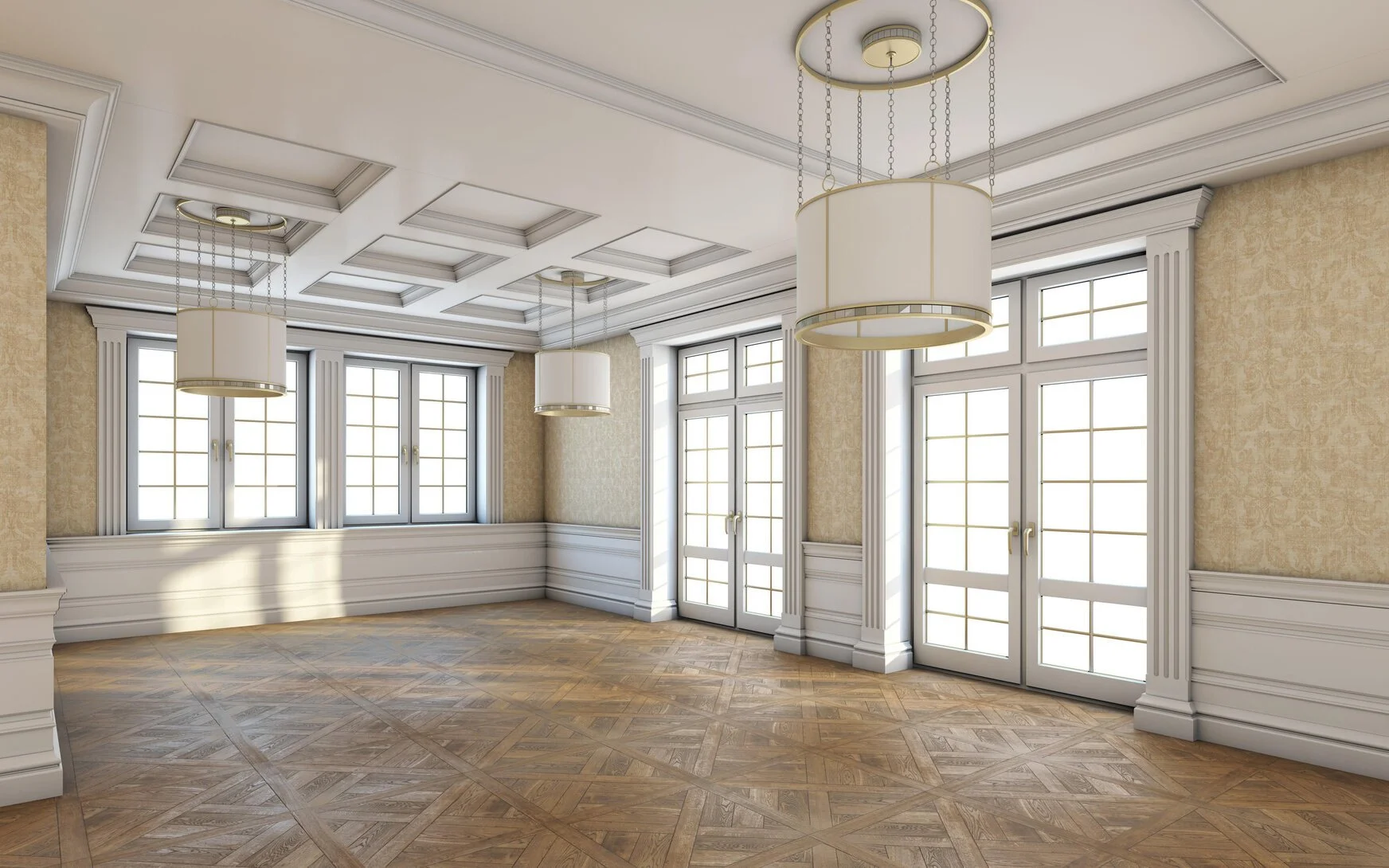 Sala amplia con ventanas grandes, pisos de madera, molduras blancas, paredes de color crema, y lámparas colgantes blancas.