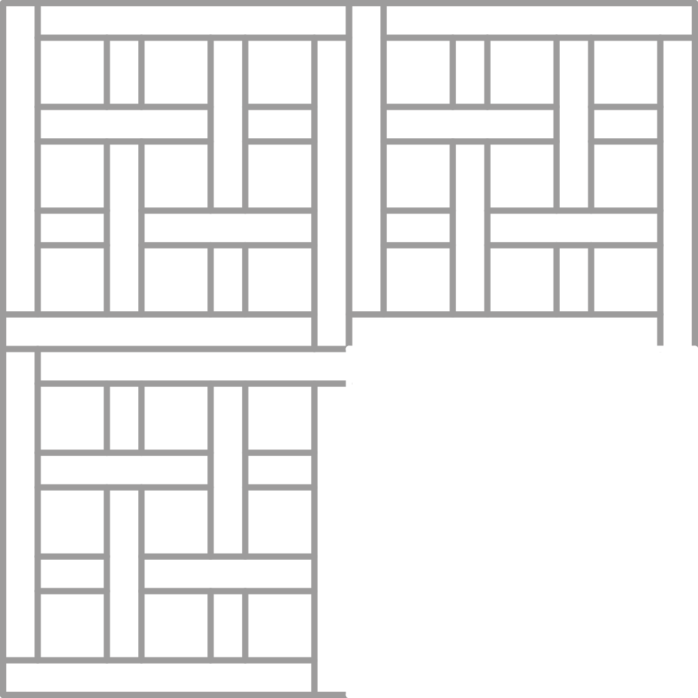 Dibujo de una estructura de madera con divisiones en forma de rejilla o enrejado, formando varias secciones rectangulares y cuadradas.
