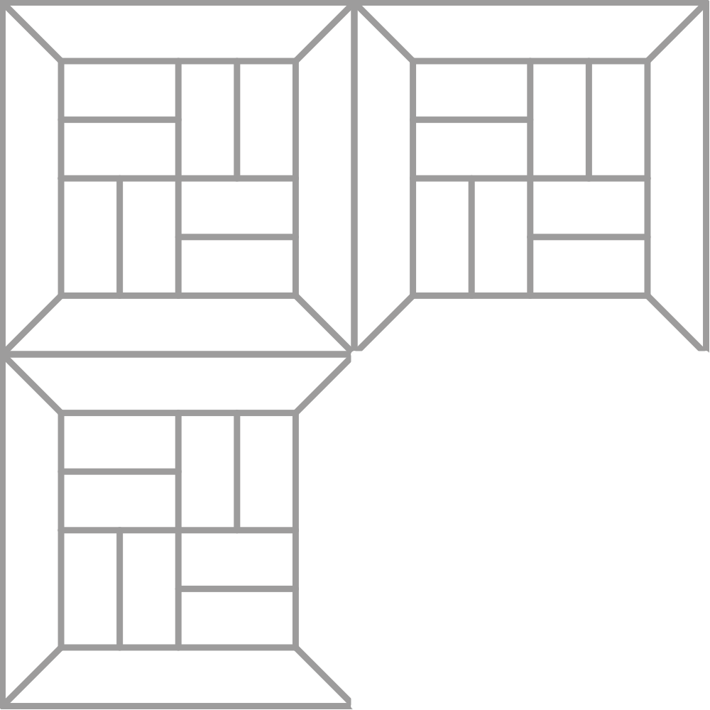 Esquema de un diseño de ventana con varios paneles en tres secciones distintas, todas con marcos grises.