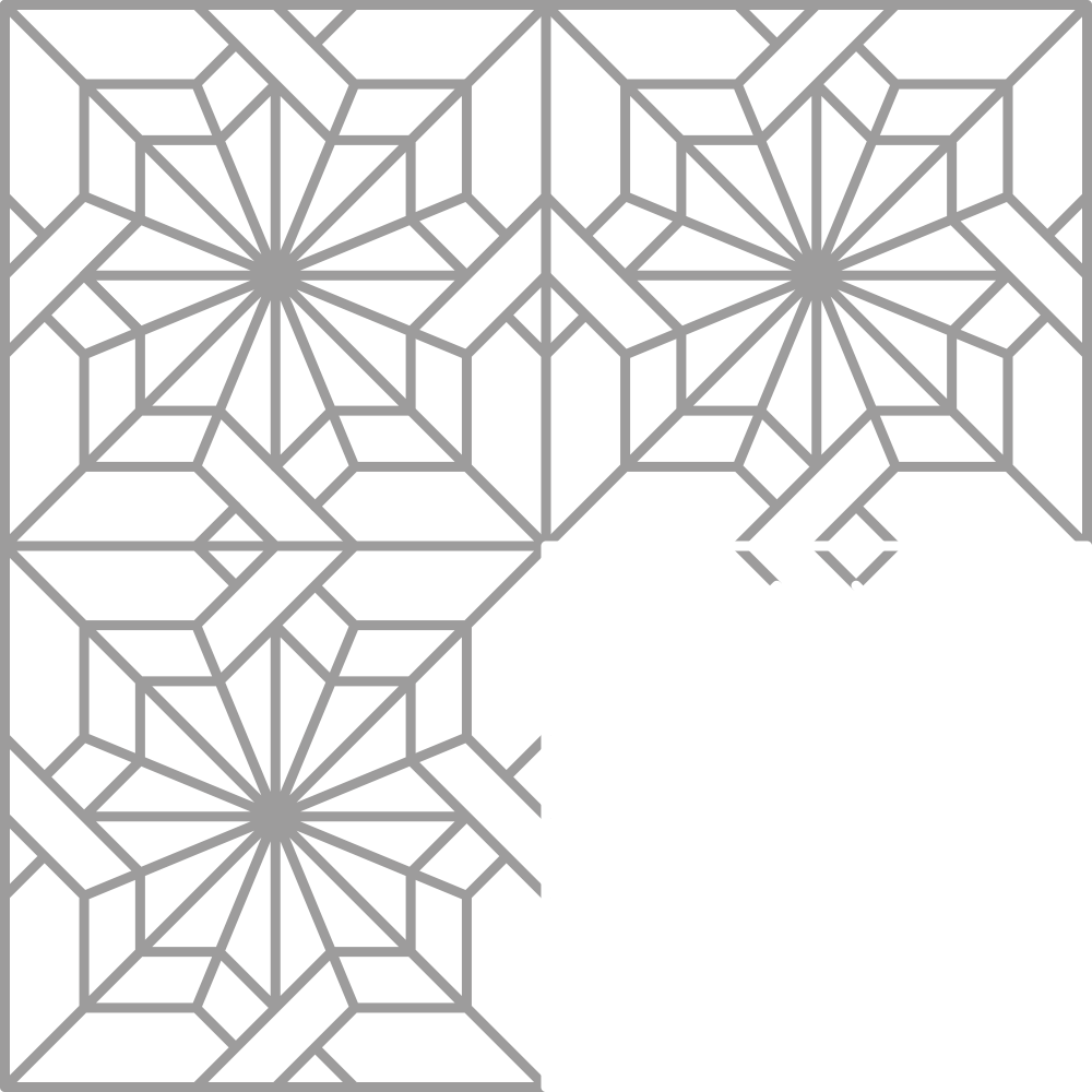 Diseño geométrico de líneas grises formando patrones en forma de estrellas, con áreas abiertas en el centro.
