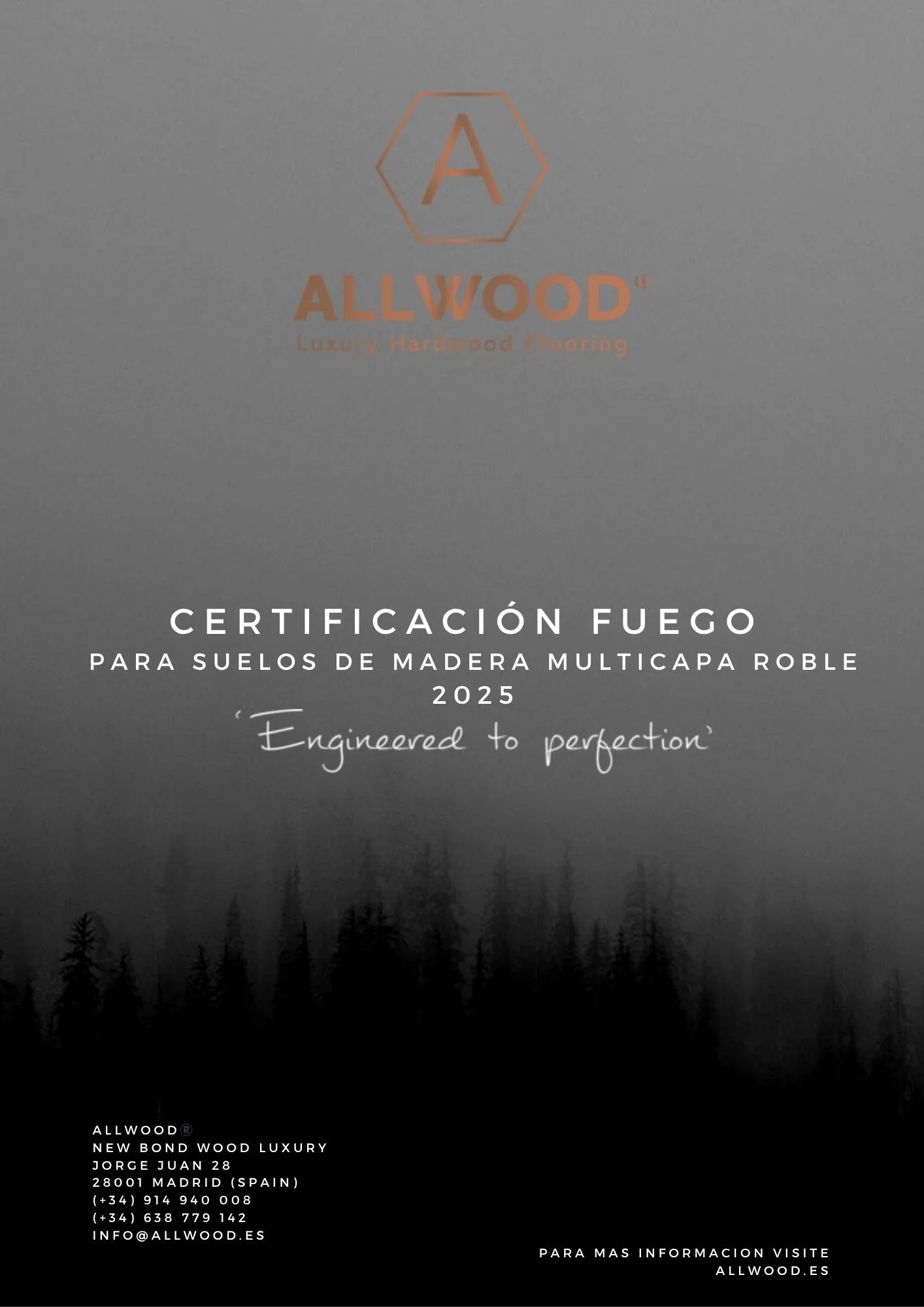 Certificación en fuego para suelos de madera multicapa roble de Allwood, 2025, con fondo de bosque y texto en español e inglés.