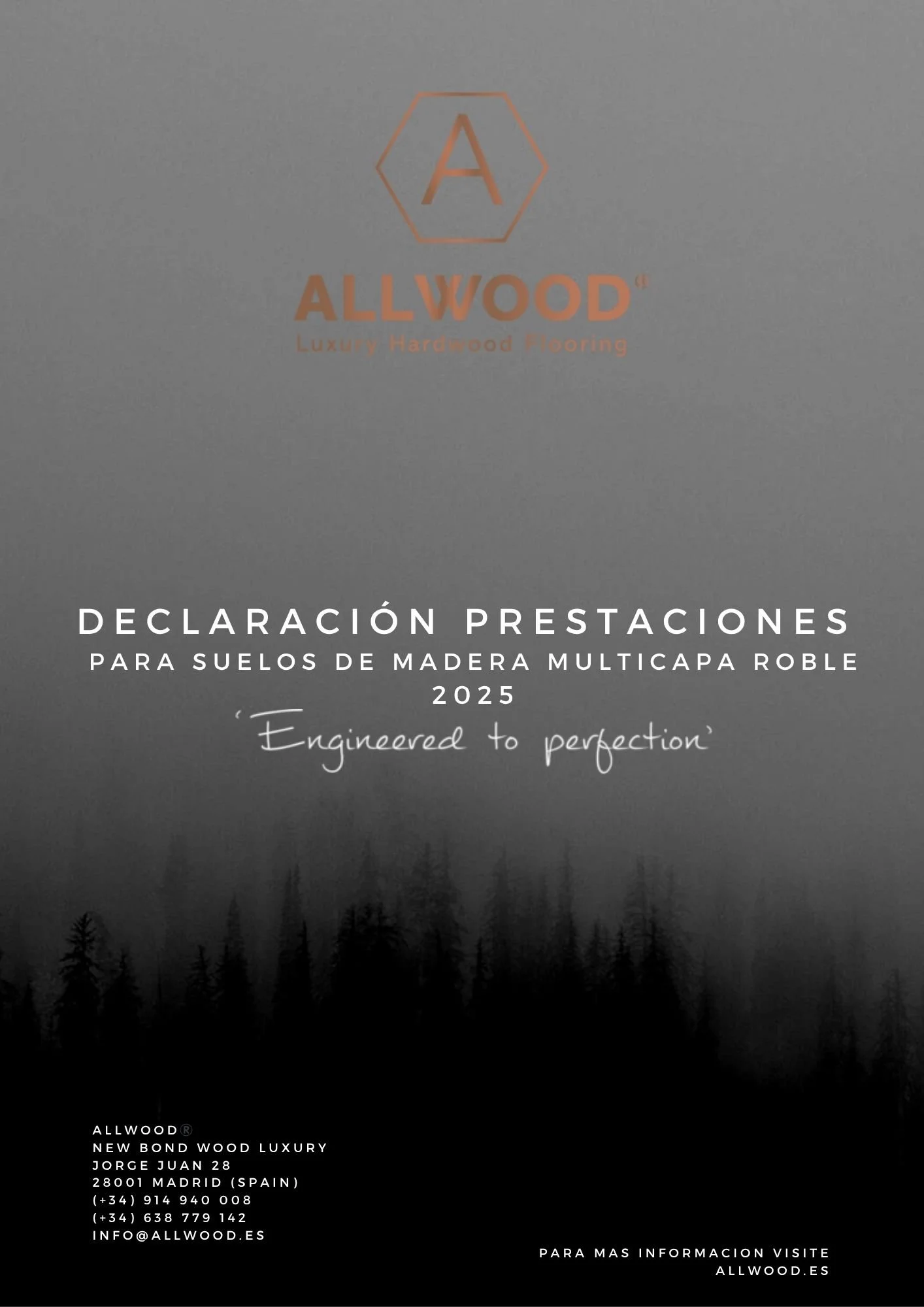 Formulario de declaración de prestaciones para suelos de madera multicapa roble, con logo y datos de contacto de Allwood, en tonos grises y negros.