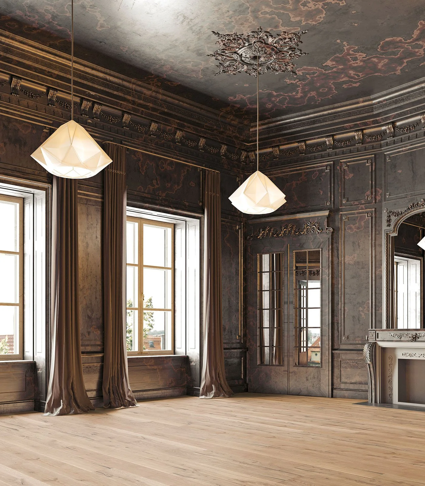 Habitación elegante con paredes de madera oscura, ventanas grandes con cortinas de satín y lámparas modernas colgantes.