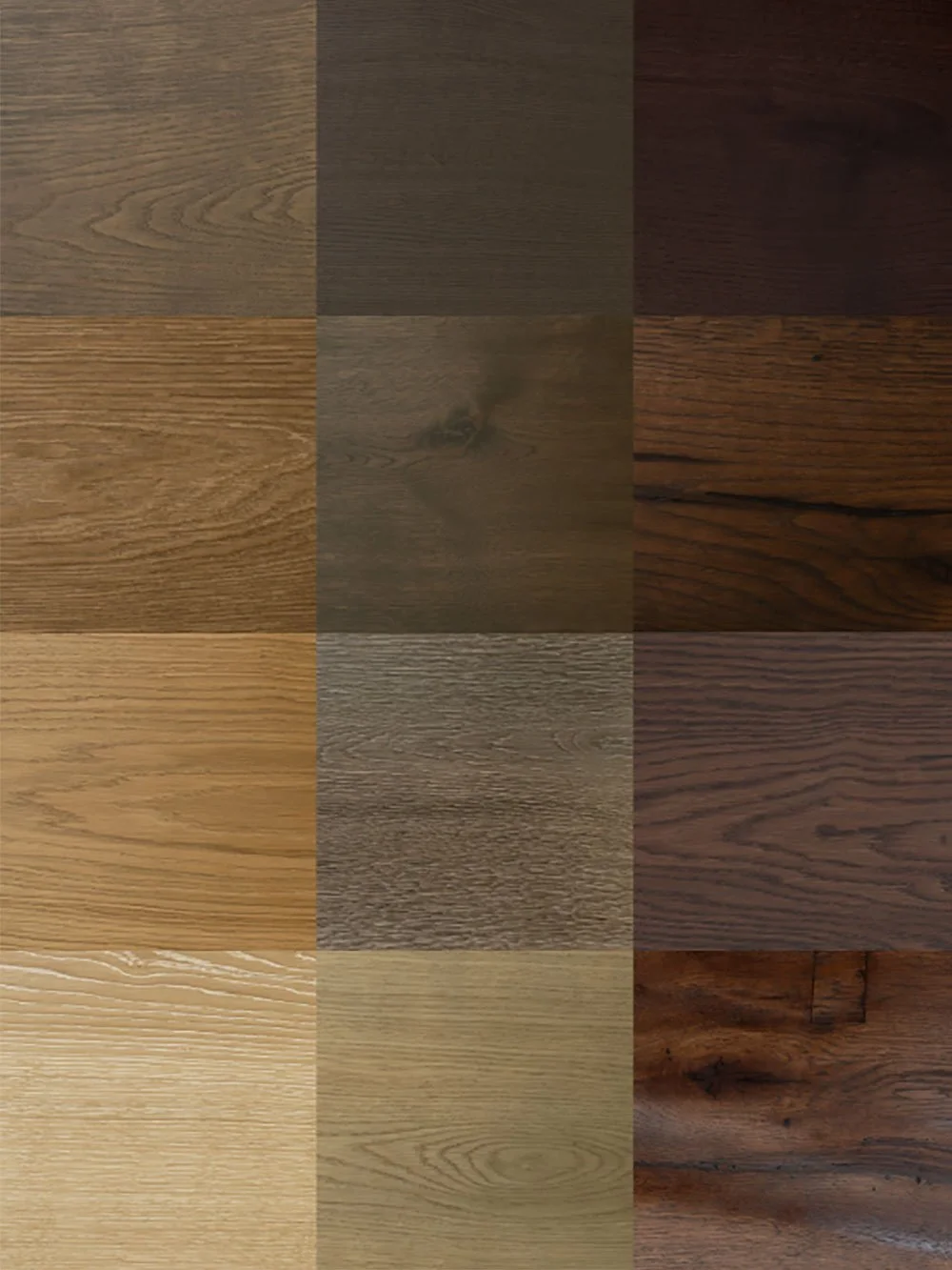 Muestra de diferentes tipos de madera en paneles dispuestos en una cuadrícula.