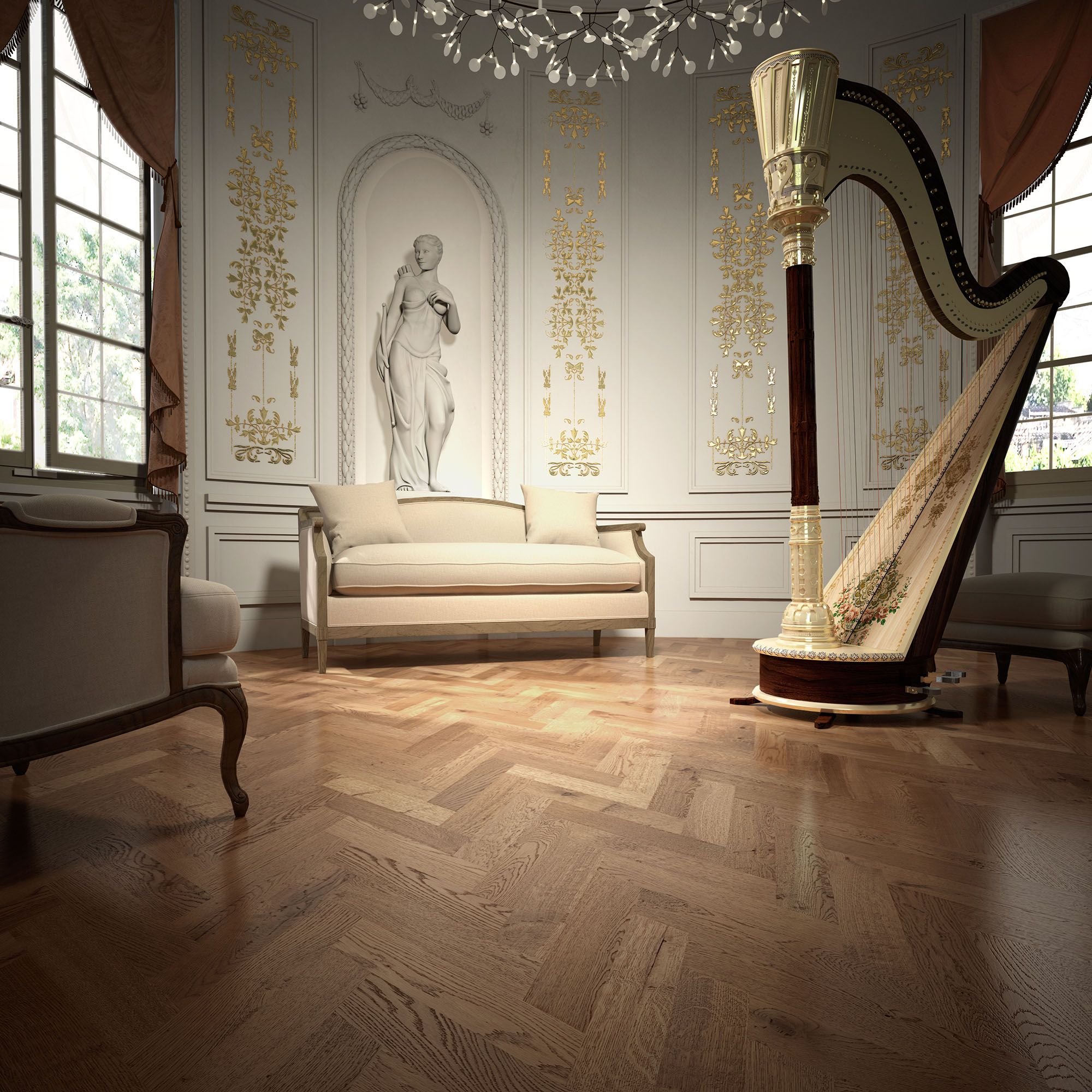 Sala elegante con paredes decoradas en blanco y detalles dorados, ventanas grandes con cortinas, estatua clásica de una mujer y un pipo de agua en el centro, y un piano de cola adornado en el lado derecho.