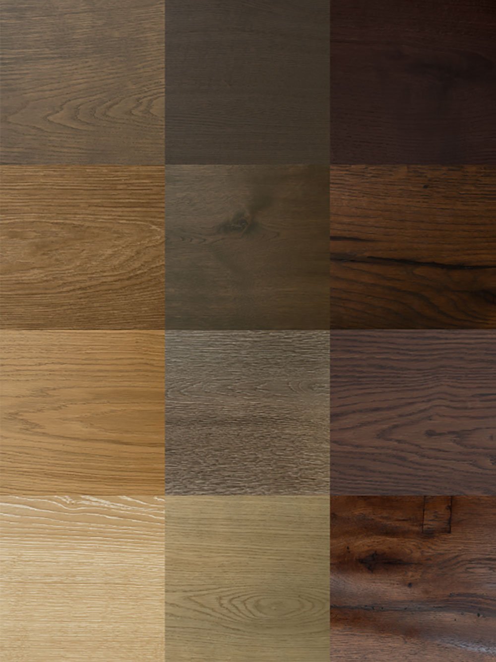 Muestras de diferentes tipos de madera en tonos variados, desde claro hasta oscuro, con diferentes texturas y vetas.
