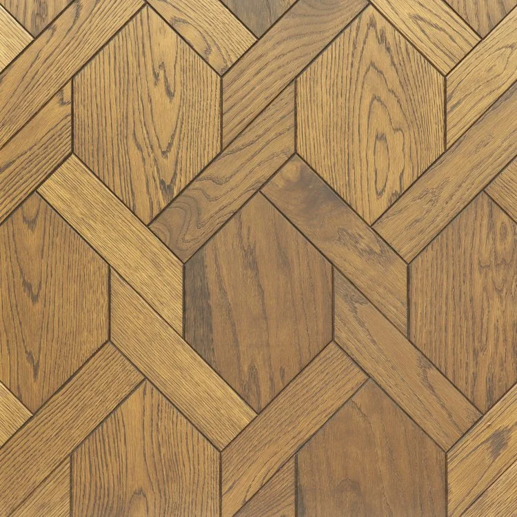 Piso de madera con patrón de mosaico de hexágonos y líneas rectas.
