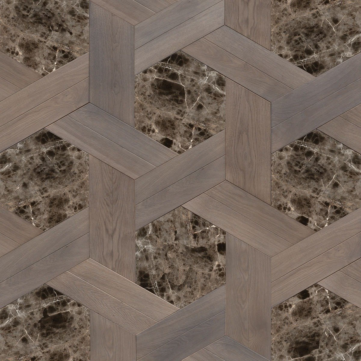 Patrón de piso con baldosas de mármol marrón oscuro y listones de madera formando un diseño geométrico en formas de cubo.