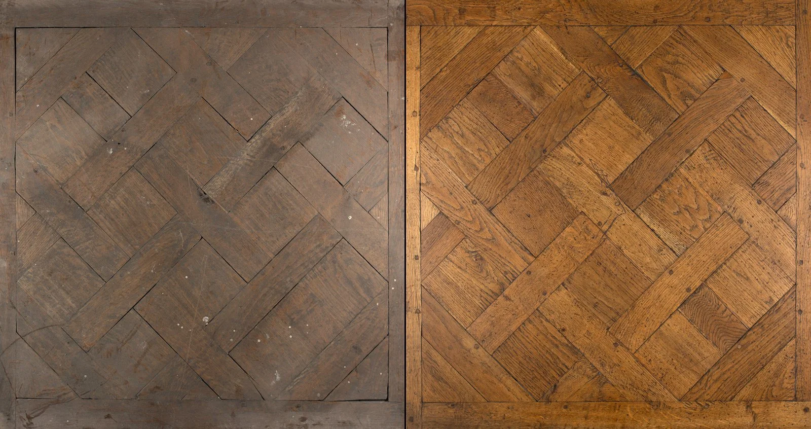 Dos pisos de madera con patrón de tablero de ajedrez en ángulo, uno más oscuro y envejecido, y el otro más claro y brillante.