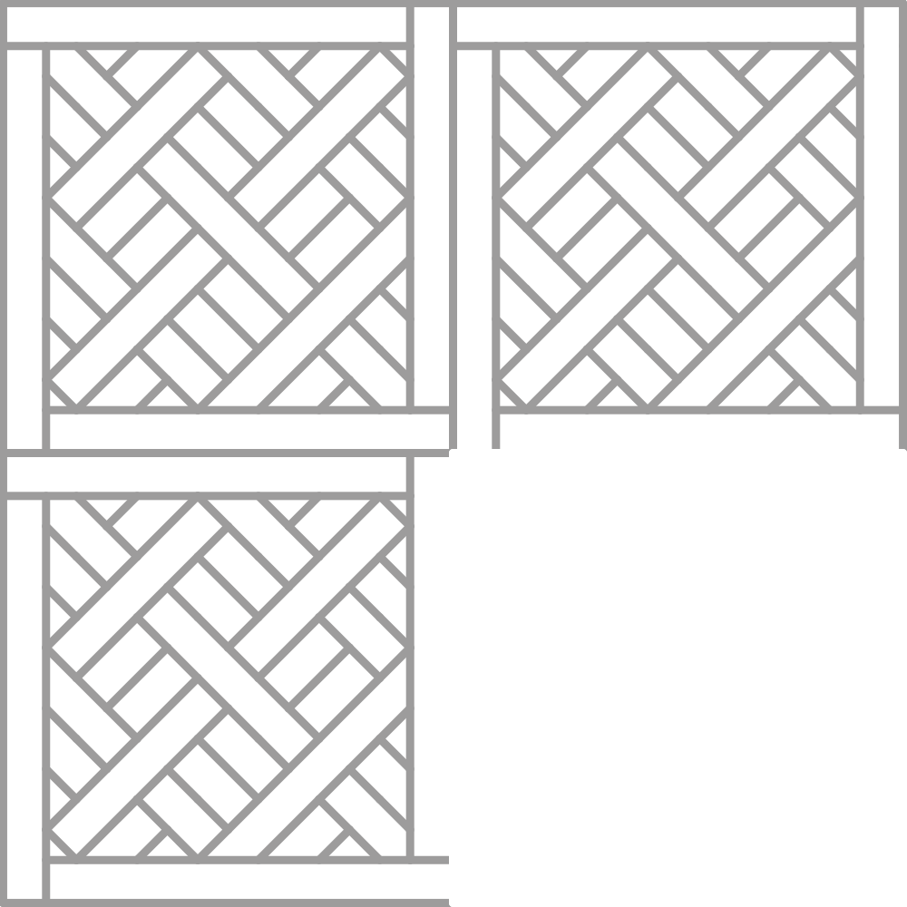 Dibujo de un patio con enrejados de madera decorativos en las paredes y barandillas, con una sección vacía en la parte inferior derecha.