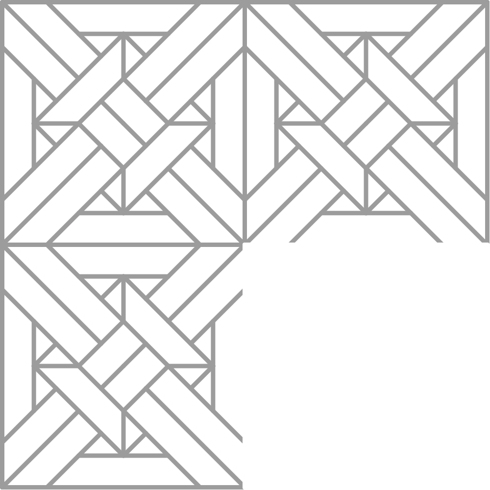 Diseño geométrico de líneas negras, blancas y grises formando patrones entrelazados en forma de cuadros y rombos.